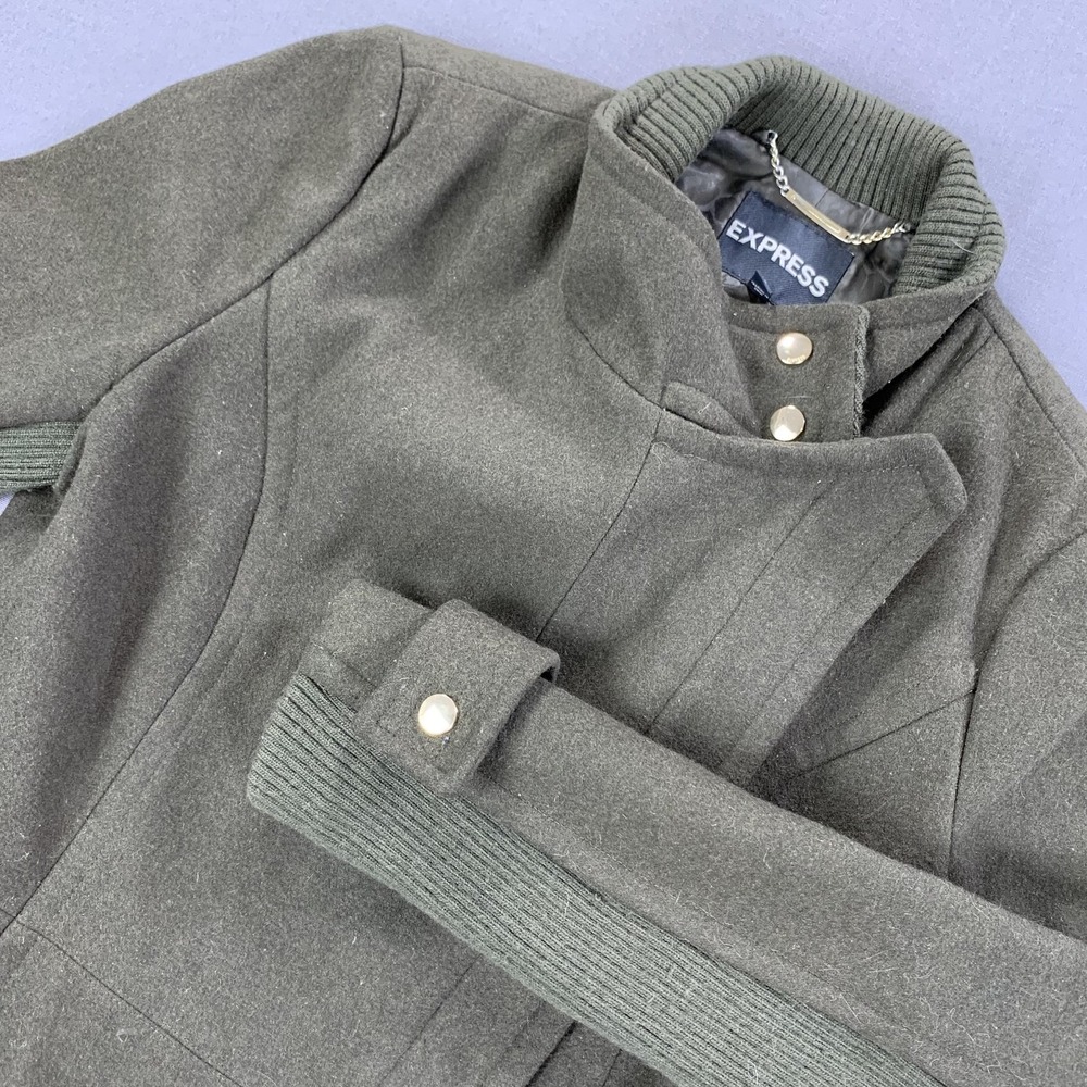 Express Coat Womens Medium Olive Wool Blend Funnel Neck Asymmetrical Snap Ribbed